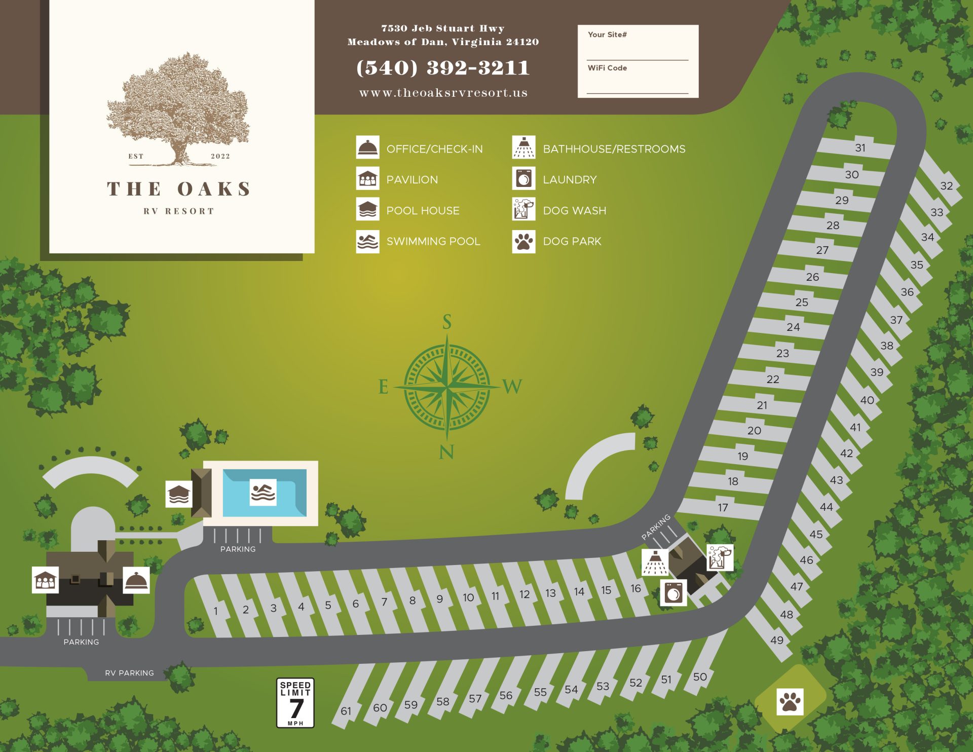Map of The Oaks RV Resort Luxury RV Resort in Vesta, VA